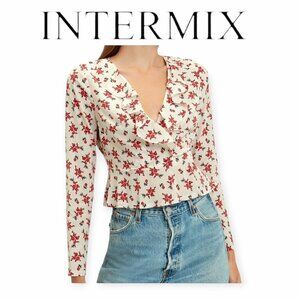 INTERMIX Evonne 100% silk Floral Top white red ruffle front feminine EUC size 4